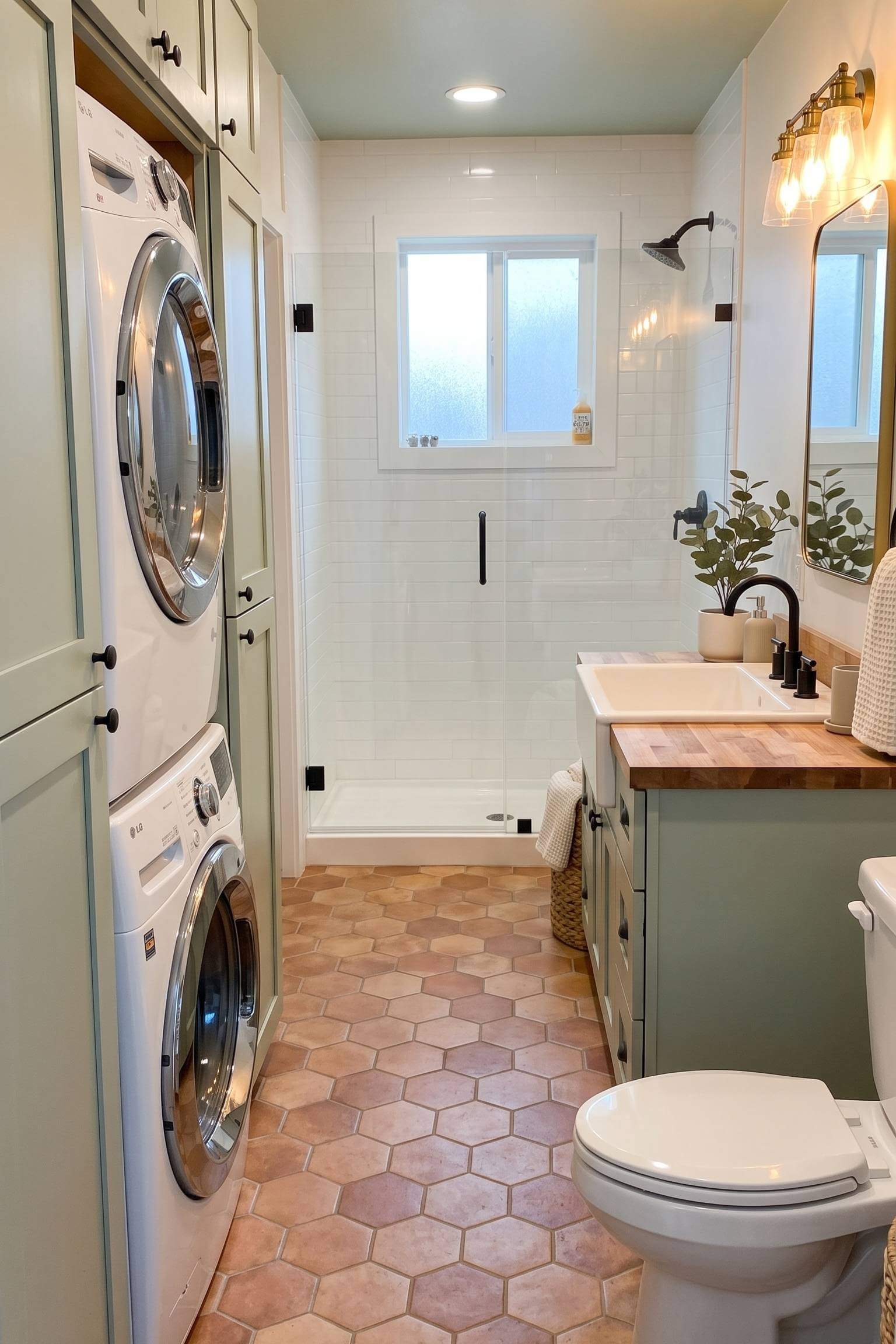 Sage green built-in cabinets framing a stacked washer and dryer in a cozy bathroom setting.