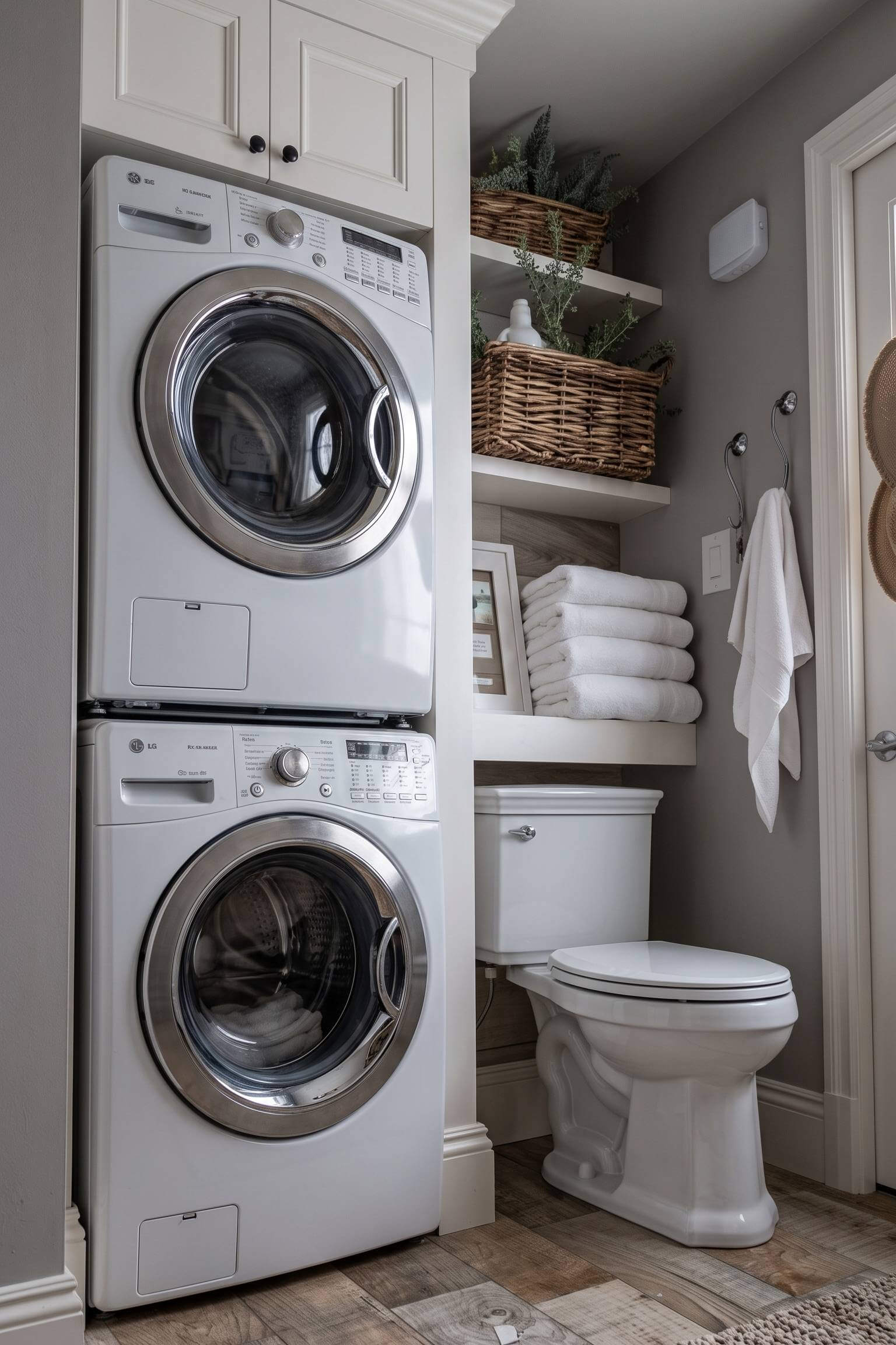 A white stacked washer and dryer neatly fitted into a built-in alcove inside a cozy gray bathroom