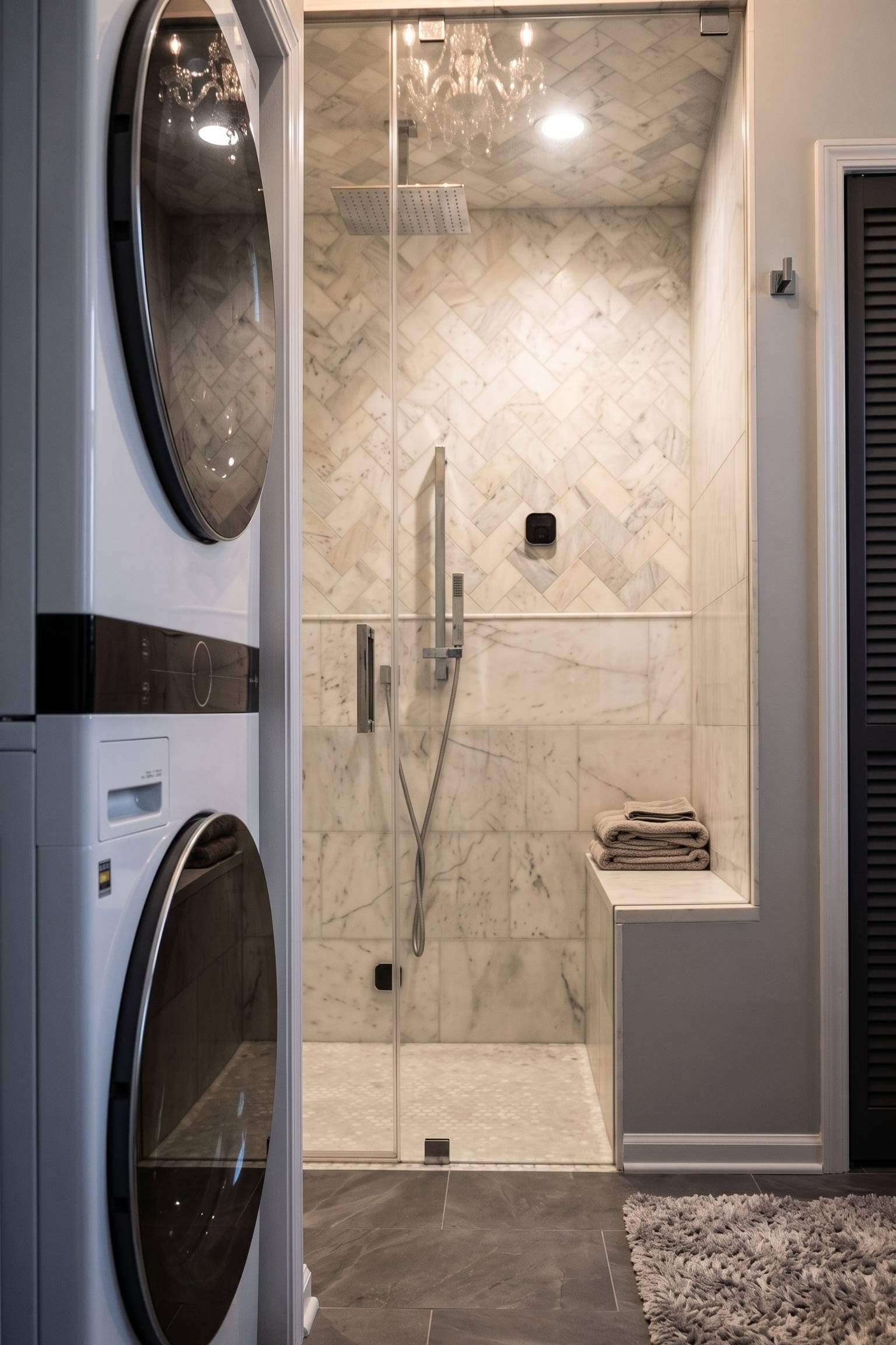 A luxurious shower with herringbone marble tile next to a sleek dark gray stacked washer and dryer set.