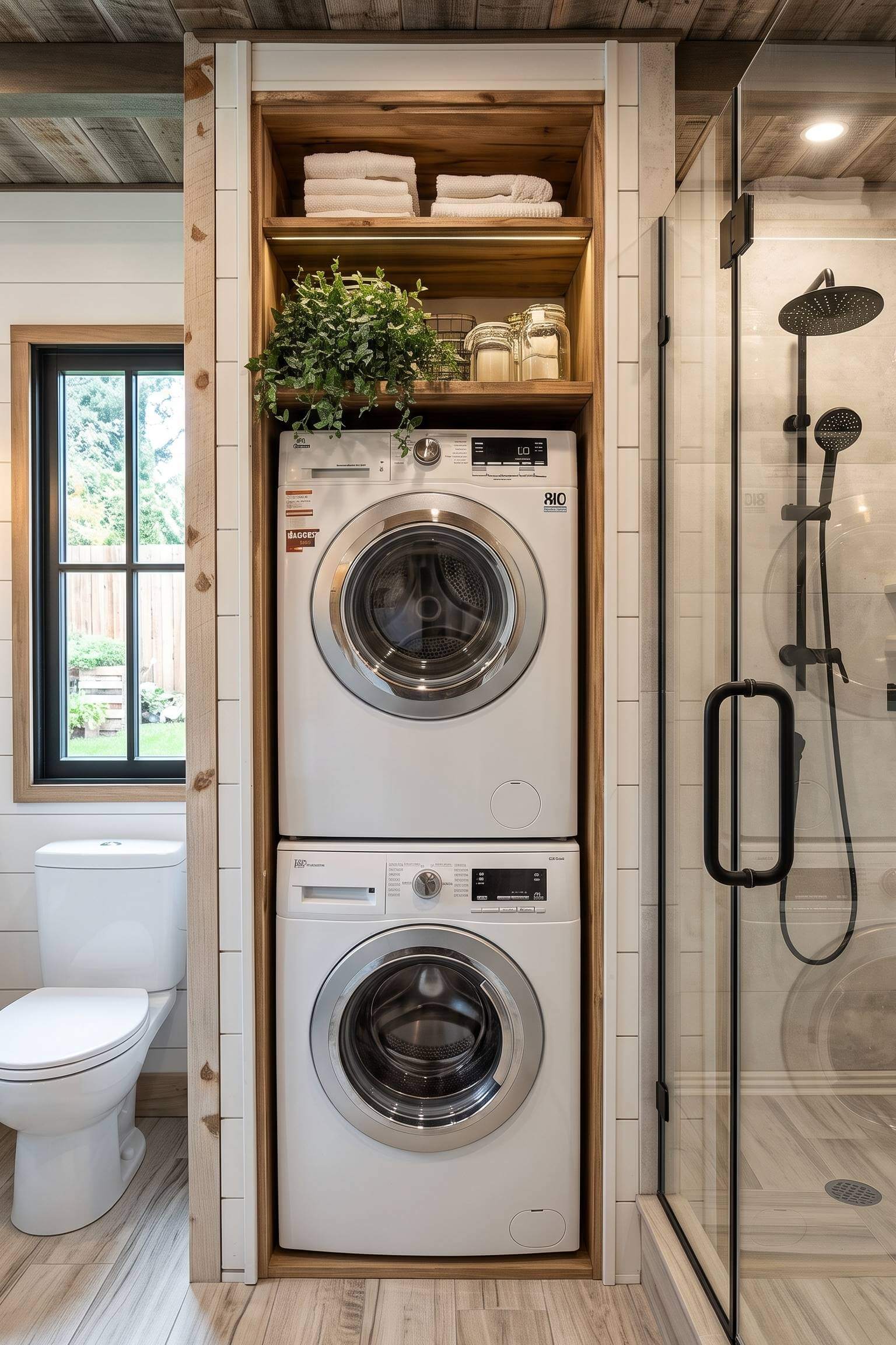 A stacked washer and dryer built into a rustic wooden shelf alcove next to a black shower head.