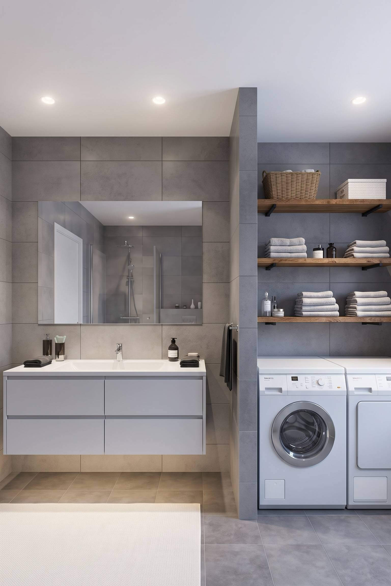 A bright A-frame cabin bathroom featuring a stacked washer and dryer next to a glass walk-in shower and pedestal sink