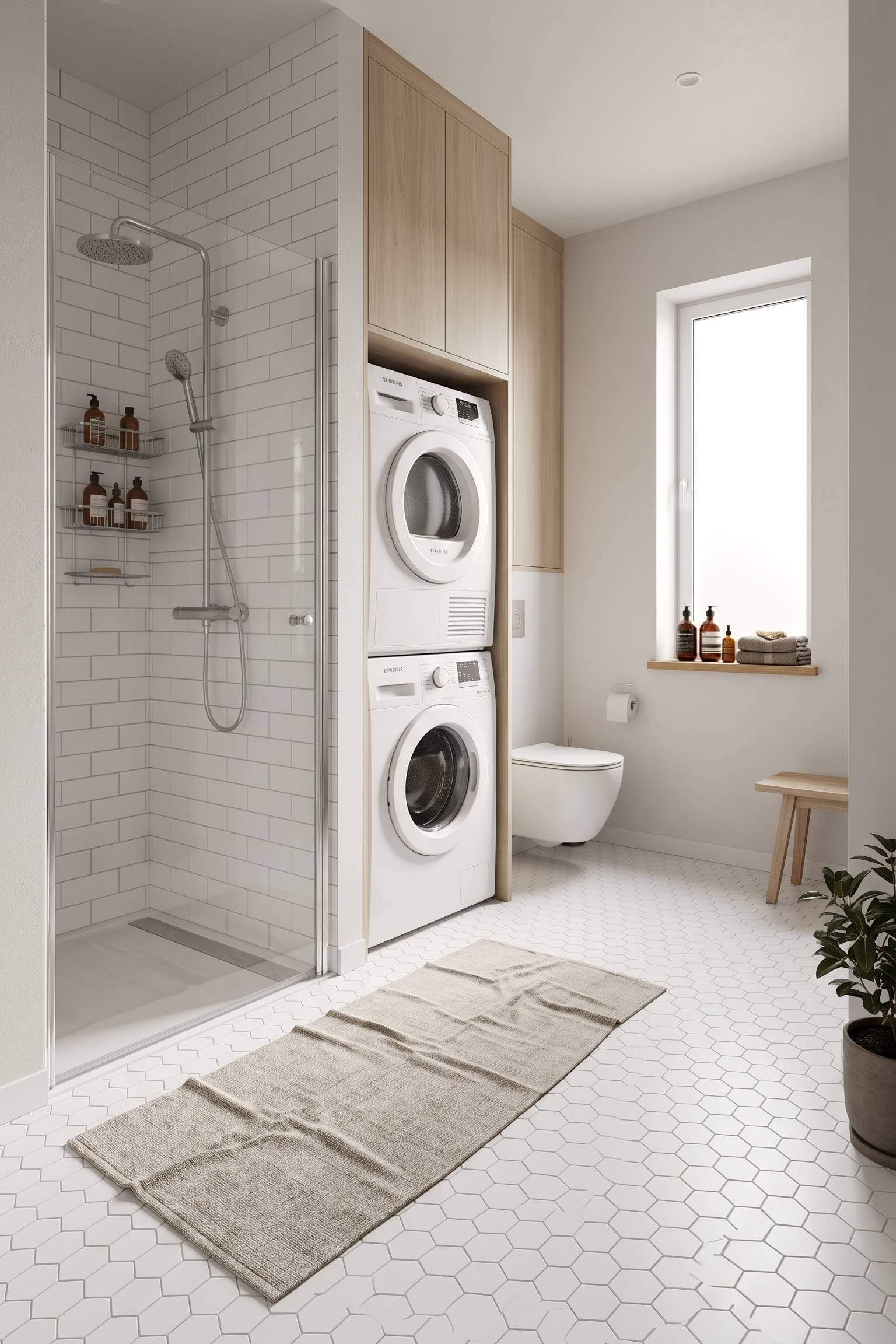 A bright Scandinavian bathroom with oak flat-panel cabinets, white hexagon floor tiles, and a stacked laundry unit