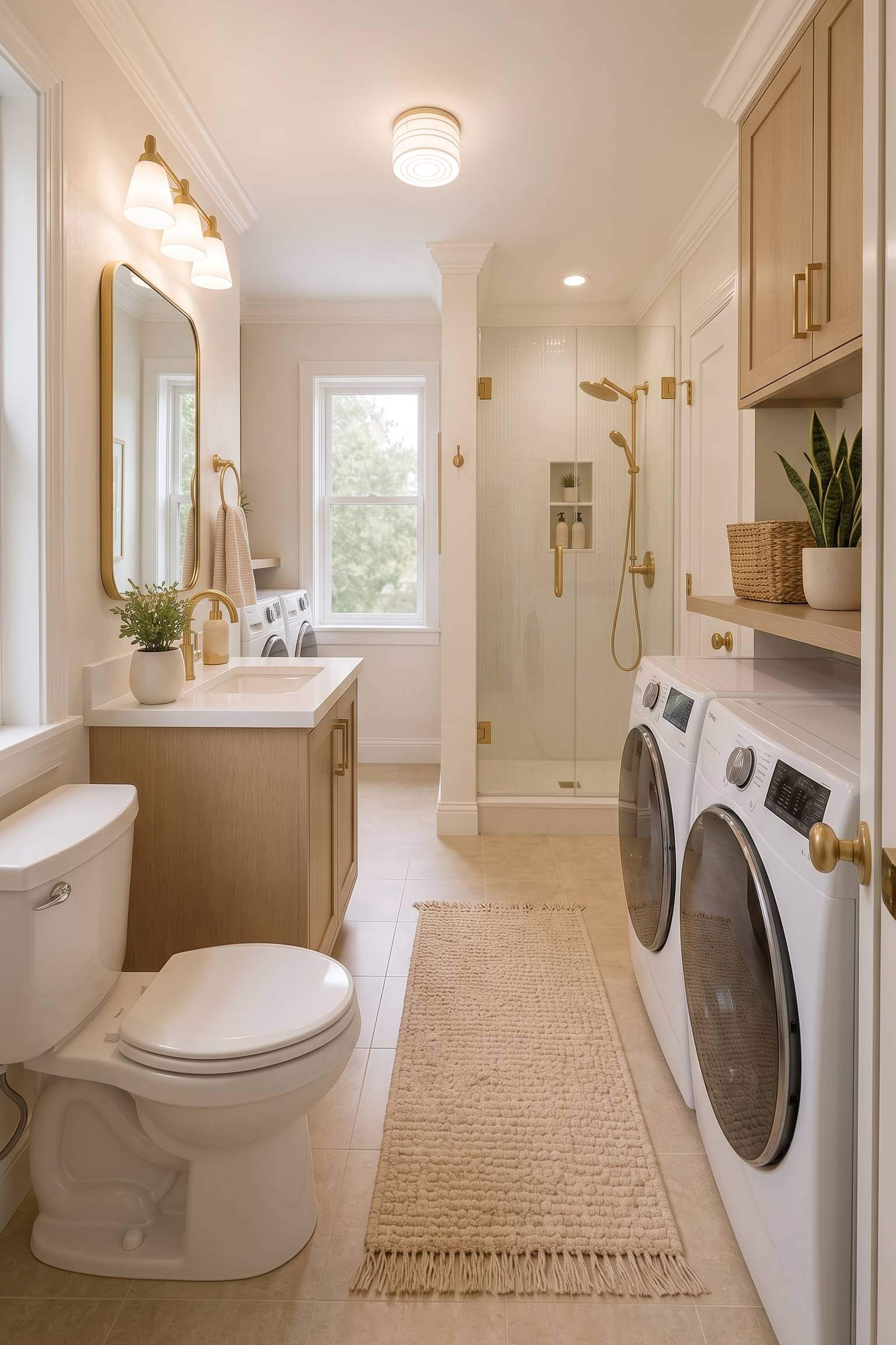 A bright and airy laundry room bathroom combo featuring a warm oak vanity, gold hardware, and side-by-side white laundry machines.