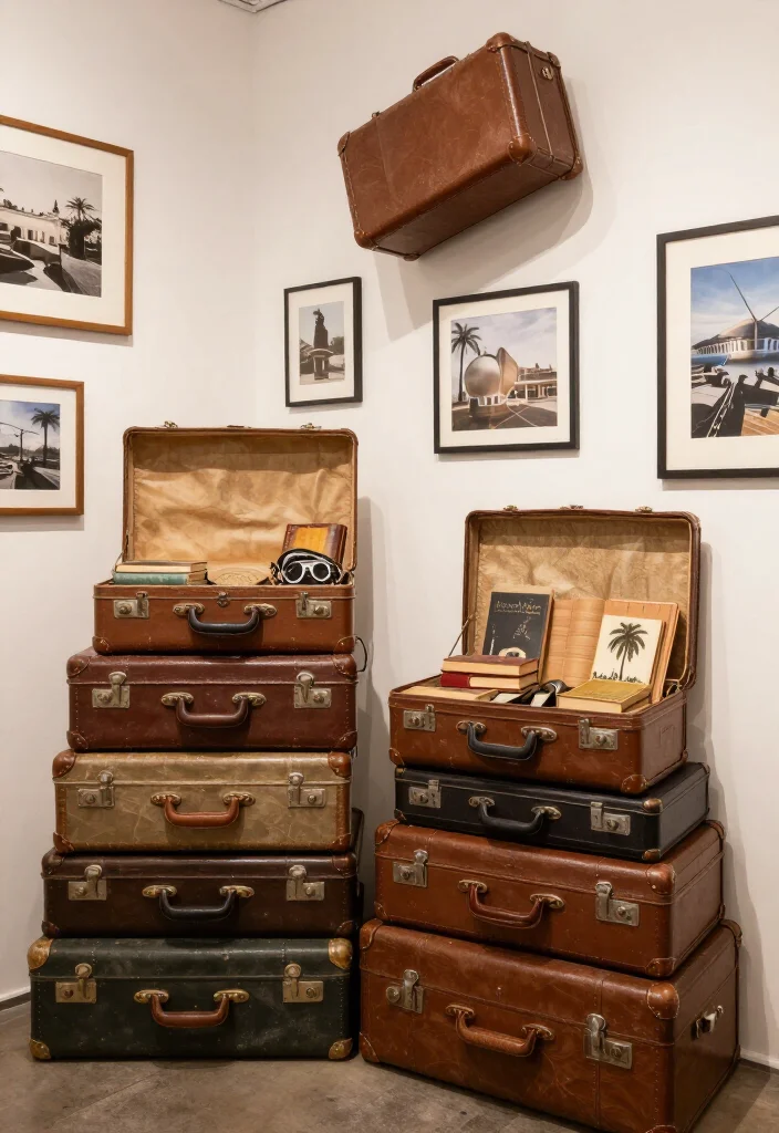 17 Vintage-Inspired Gallery Wall Ideas That'll Make Your Walls Sing! - 15. Vintage Travel Suitcase Wall 1