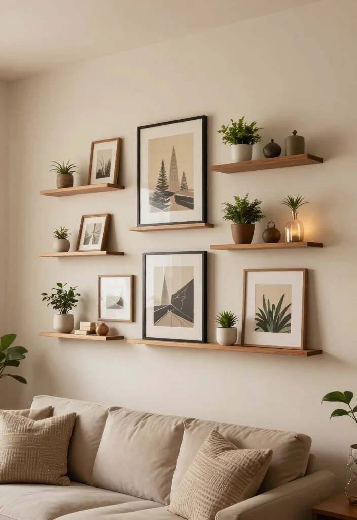 19 Fun Gallery Wall Ideas to Elevate Your Home Decor Game (Don't Miss #8!) - 12. Wall Shelves with Art 1