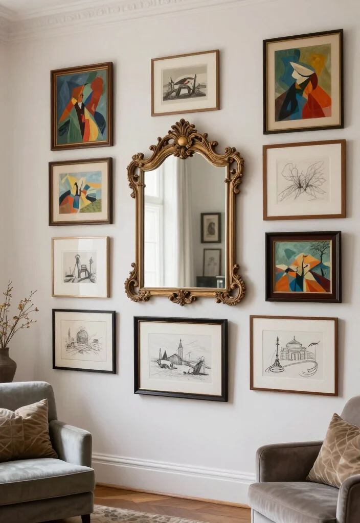 19 Fun Gallery Wall Ideas to Elevate Your Home Decor Game (Don't Miss #8!) - 16. Art Around a Mirror 1