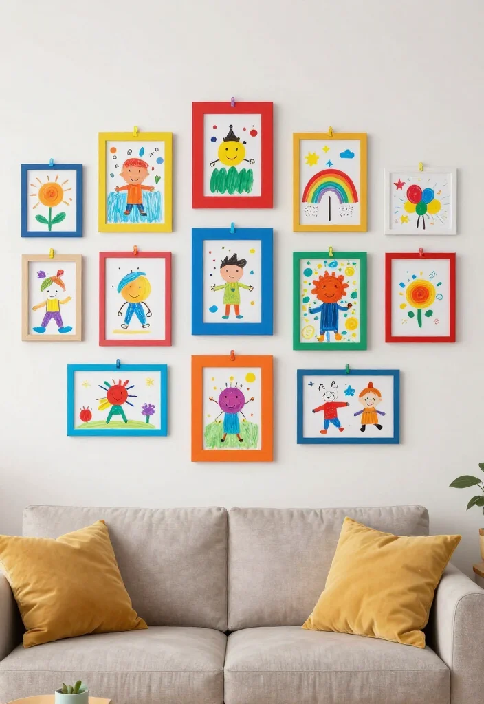 20 Stunning Picture Wall Ideas for Your Living Room That Will Steal the Show! - 15. Kids' Art Showcase 1