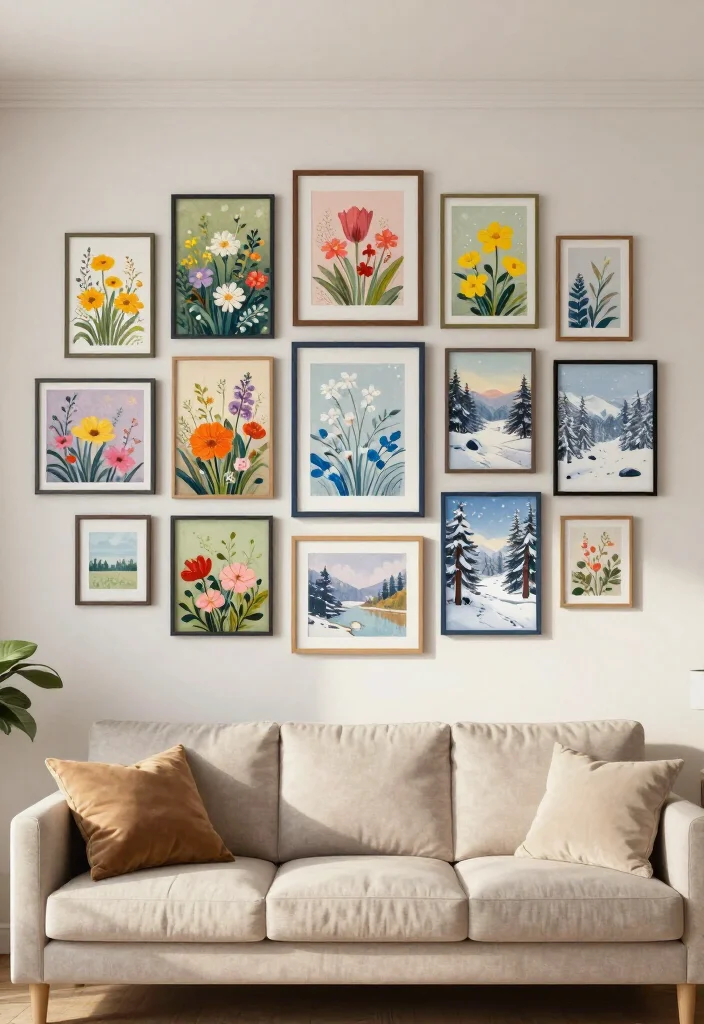 20 Stunning Picture Wall Ideas for Your Living Room That Will Steal the Show! - 18. Seasonal Swap 1