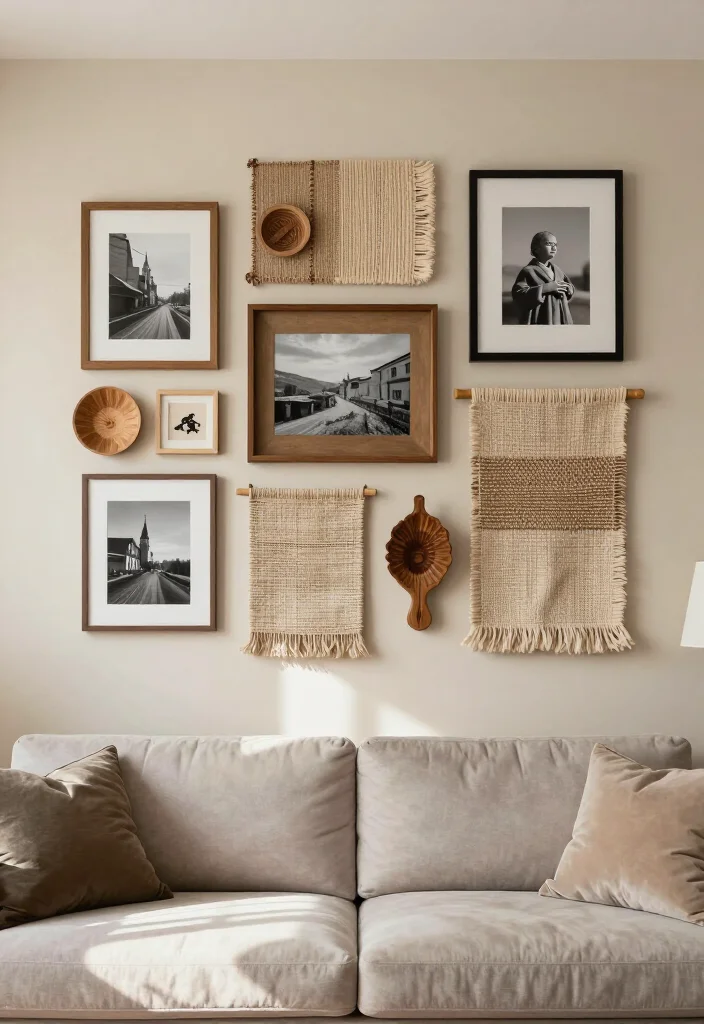 20 Stunning Picture Wall Ideas for Your Living Room That Will Steal the Show! - 9. Mixed Media Art Display 1