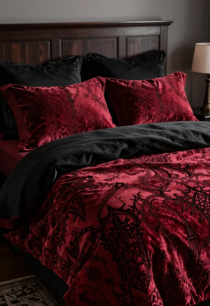 20 Vampy Romantic Room Ideas That'll Make You Feel Like You're in a Tim Burton Film! - 13. Dark Themed Bedding 1