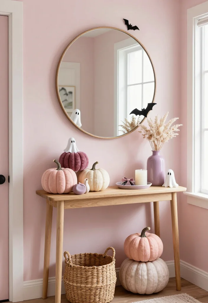 20 Cute Pink Halloween Decor Ideas for a Whimsical Home (No Orange Required!) - 1. Blush Pumpkin Entryway Display 1