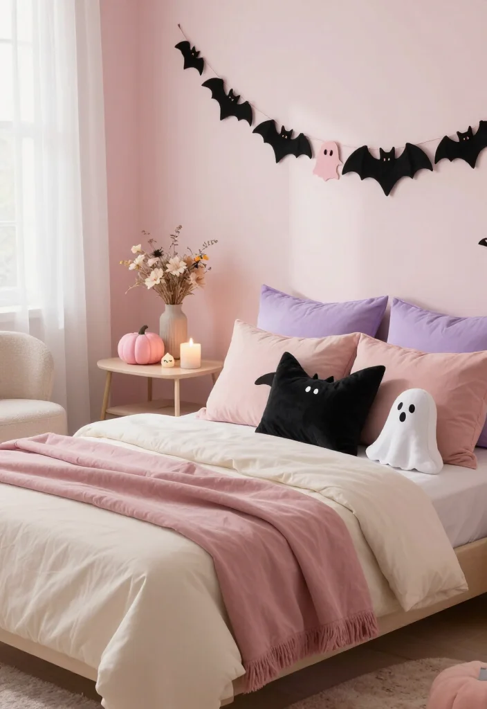 20 Cute Pink Halloween Decor Ideas for a Whimsical Home (No Orange Required!) - 10. A Cozy Pink Halloween Bedroom Corner 1