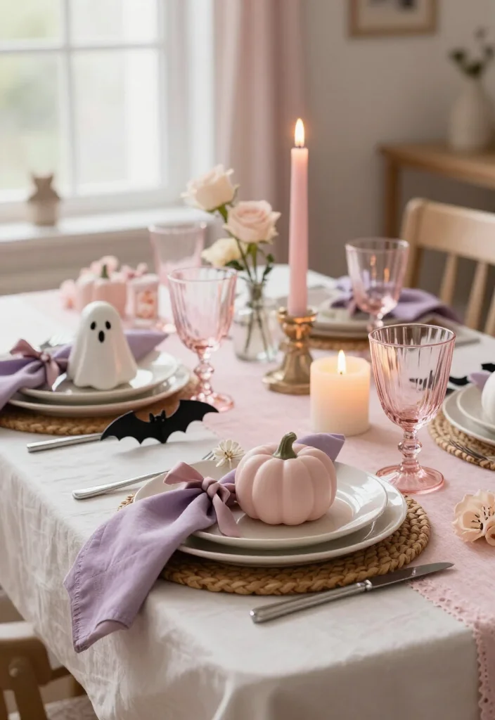 20 Cute Pink Halloween Decor Ideas for a Whimsical Home (No Orange Required!) - 11. Pink Place Settings for a Whimsical Halloween Table 1