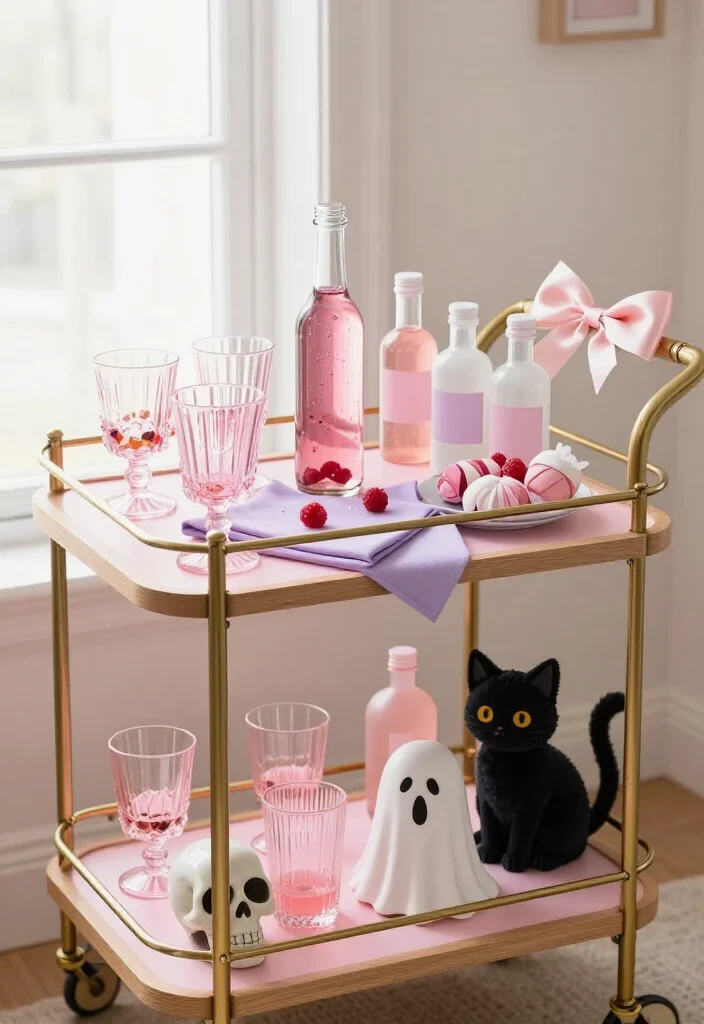 20 Cute Pink Halloween Decor Ideas for a Whimsical Home (No Orange Required!) - 13. A Pretty Pink Potion Bar Cart 1