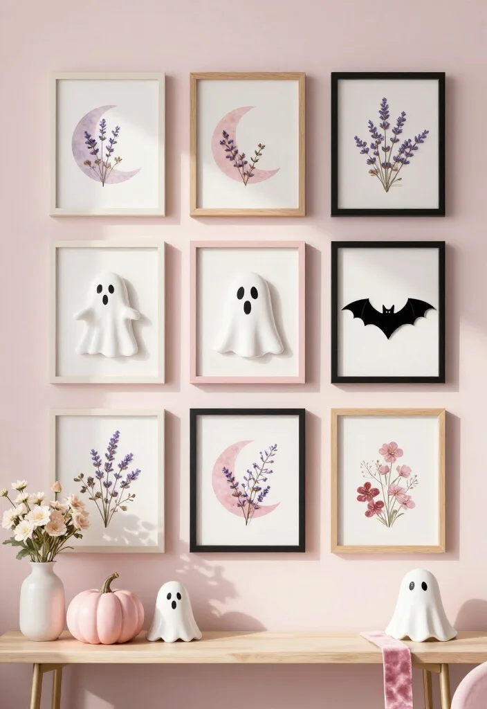 20 Cute Pink Halloween Decor Ideas for a Whimsical Home (No Orange Required!) - 14. A Soft Pink Halloween Gallery Wall 1
