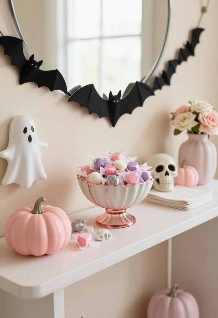 20 Cute Pink Halloween Decor Ideas for a Whimsical Home (No Orange Required!) - 15. A Candy Bowl Console with Friendly Monsters 1