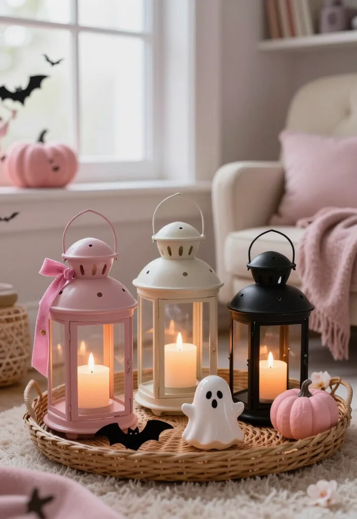 20 Cute Pink Halloween Decor Ideas for a Whimsical Home (No Orange Required!) - 16. Candlelit Pink Lanterns for Cozy Corners 1