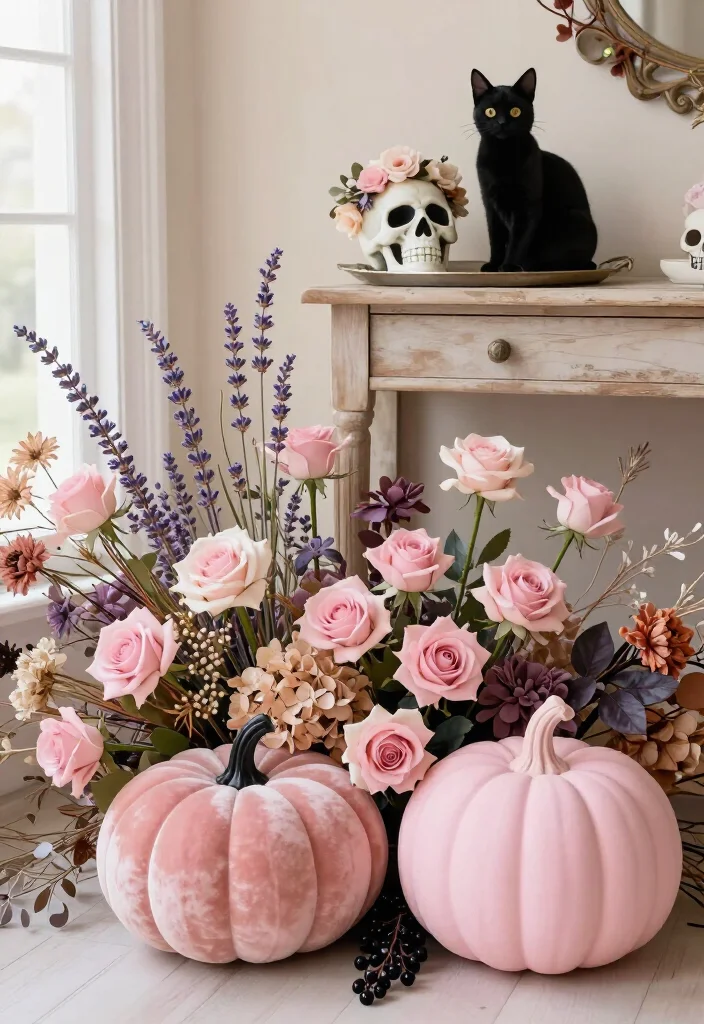 20 Cute Pink Halloween Decor Ideas for a Whimsical Home (No Orange Required!) - 17. Pink Floral Pumpkins with a Gothic Garden Feel 1