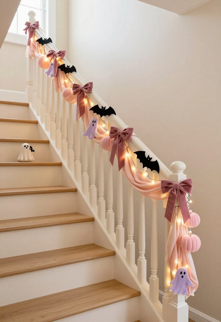 20 Cute Pink Halloween Decor Ideas for a Whimsical Home (No Orange Required!) - 18. A Staircase Garland of Bats and Bows 1