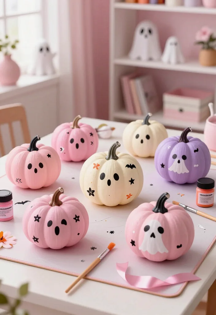 20 Cute Pink Halloween Decor Ideas for a Whimsical Home (No Orange Required!) - 19. DIY Painted Pink Pumpkins with Tiny Faces 1