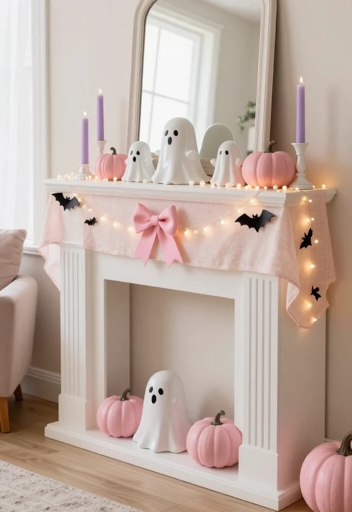 20 Cute Pink Halloween Decor Ideas for a Whimsical Home (No Orange Required!) - 2. A Pastel Ghost Mantel with Soft Glow 1