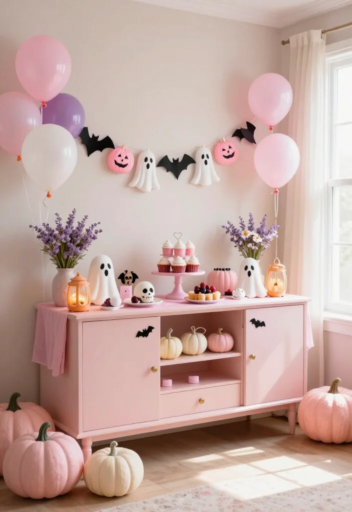 20 Cute Pink Halloween Decor Ideas for a Whimsical Home (No Orange Required!) - 20. A Monochrome Pink Halloween Party Nook 1