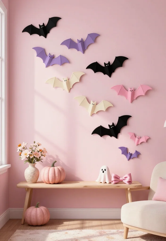 20 Cute Pink Halloween Decor Ideas for a Whimsical Home (No Orange Required!) - 3. Floating Bat Wall in Pink and Black 1
