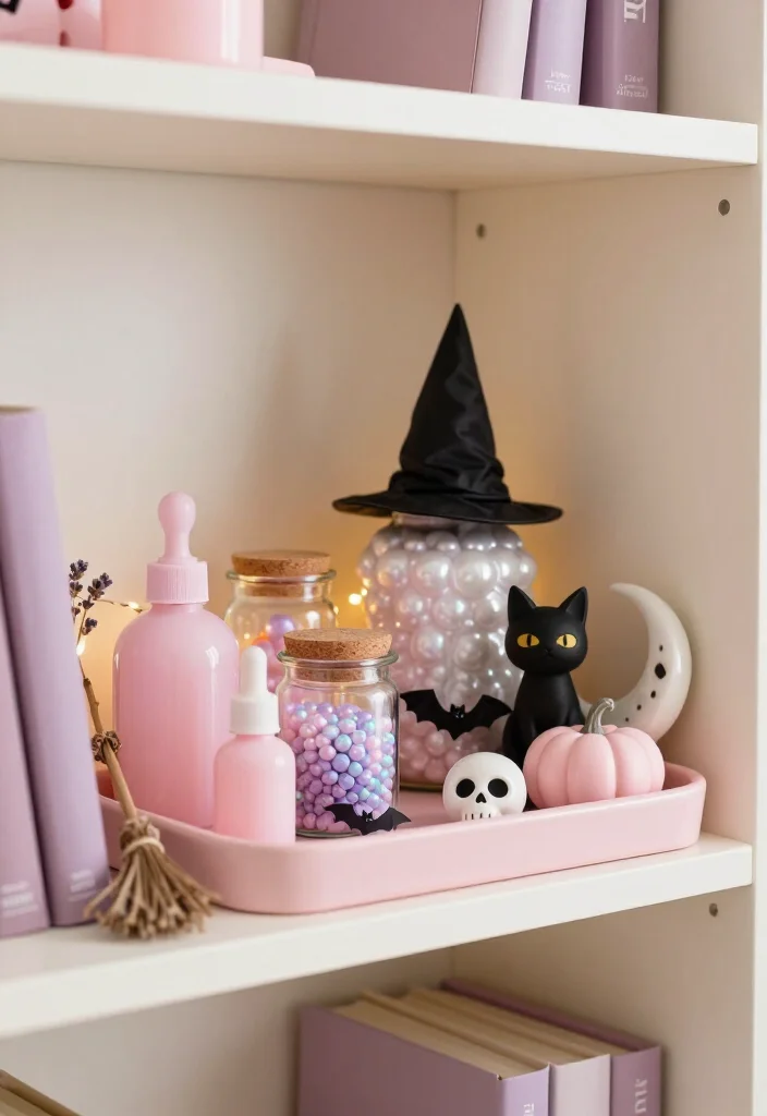 20 Cute Pink Halloween Decor Ideas for a Whimsical Home (No Orange Required!) - 4. A Pink Witch Apothecary Shelf 1