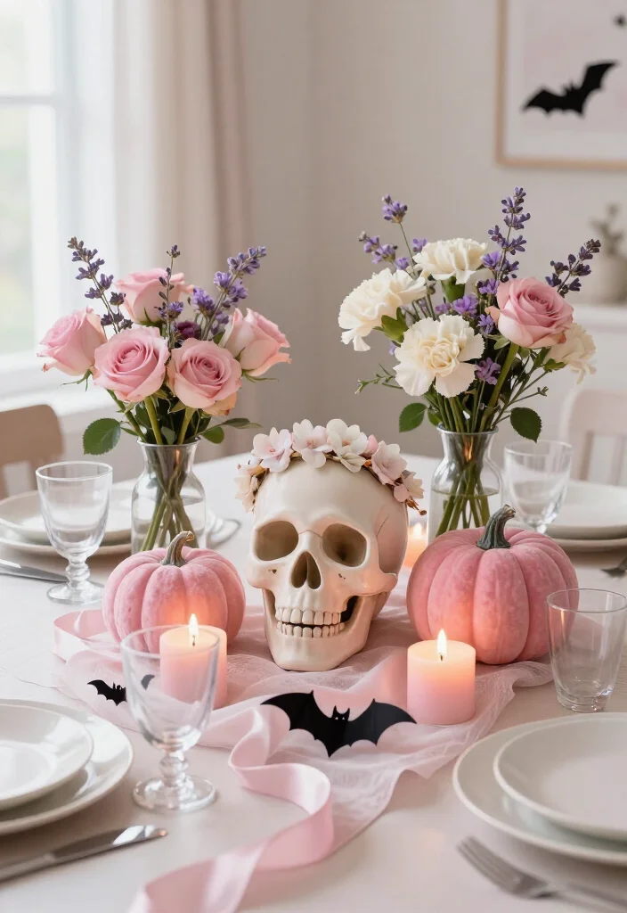 20 Cute Pink Halloween Decor Ideas for a Whimsical Home (No Orange Required!) - 5. Blush Skull Centerpiece for the Dining Table 1
