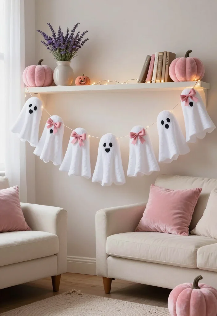 20 Cute Pink Halloween Decor Ideas for a Whimsical Home (No Orange Required!) - 6. A Fluffy Ghost Garland for the Living Room 1
