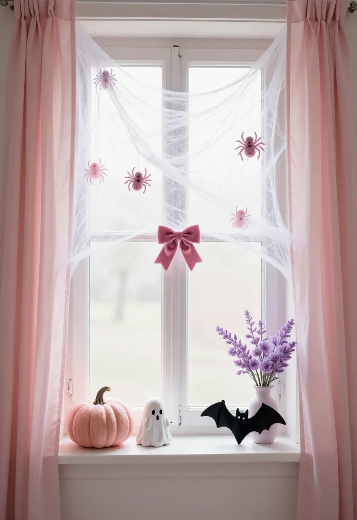 20 Cute Pink Halloween Decor Ideas for a Whimsical Home (No Orange Required!) - 7. Pink Spiderweb Windows with Velvet Bows 1