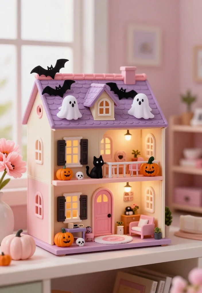 20 Cute Pink Halloween Decor Ideas for a Whimsical Home (No Orange Required!) - 8. A Tiny Pastel Haunted Dollhouse 1