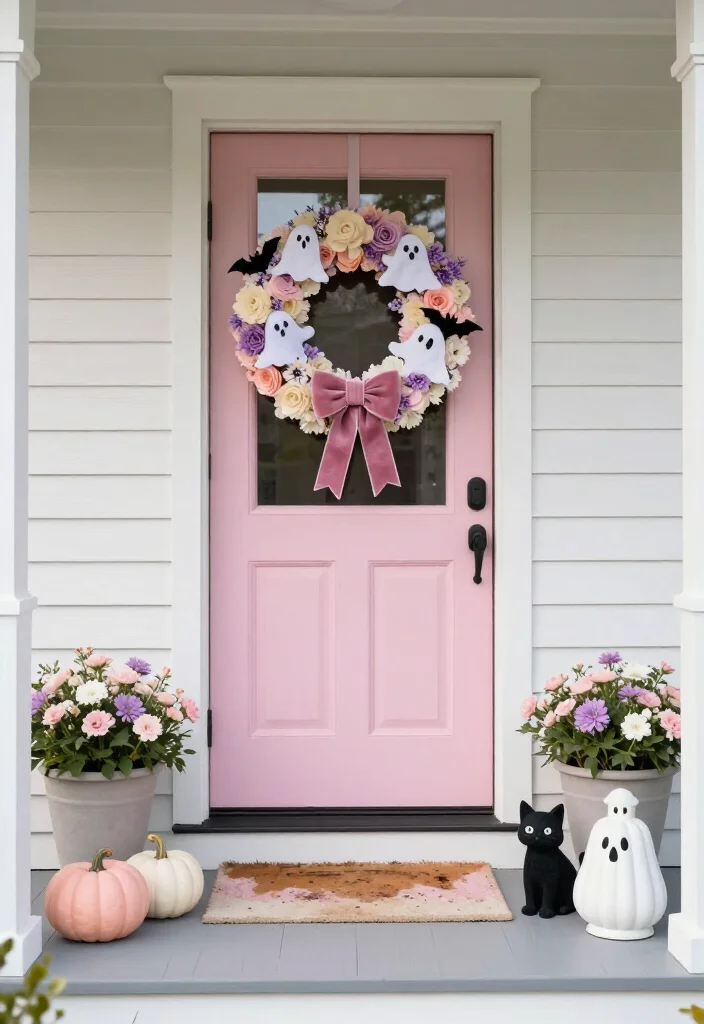 20 Cute Pink Halloween Decor Ideas for a Whimsical Home (No Orange Required!) - 9. A Pink Halloween Porch with Layered Door Decor 1